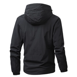 Rear view of a black hooded windbreaker jacket with elastic cuffs and high-density fabric