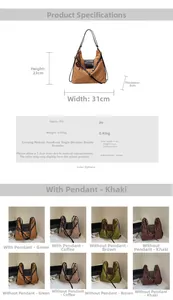 Detailed size chart for retro PU tote bag showing dimensions 31x23x8cm and various colors