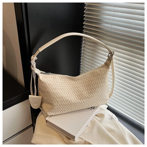 Detail shot of beige woven leather shoulder bag with silver zipper and circular charm