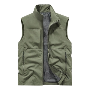 Men's outdoor utility vest with stand collar and multiple pockets in army green