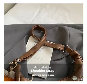 Detail view of brown matte PU leather shoulder bag with adjustable strap and zipper