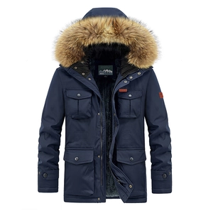 Parka invernale da uomo blu scuro con cappuccio in pelliccia e fodera in pile