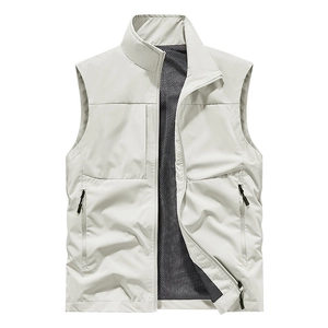 Men's outdoor stand collar vest in light grey featuring front zipper and mesh lining