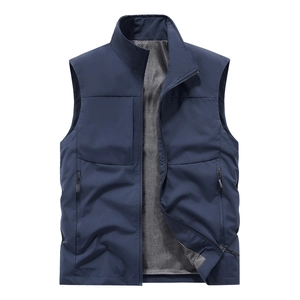 Navy blue men's windproof stand collar vest with zipper pockets and mesh lining