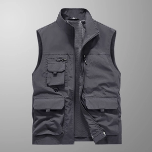 Men's dark grey multi-pocket utility vest with stand collar and mesh lining