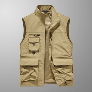 Men's khaki multi-pocket utility vest with stand collar for fishing and outdoor activities