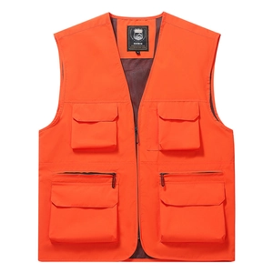 Bright orange outdoor multi-pocket utility vest with mesh lining and zipper closure