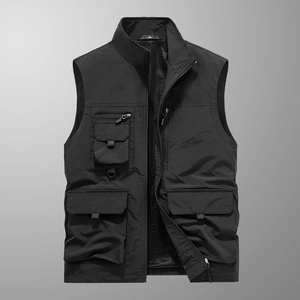 Men's outdoor utility vest with multiple pockets, stand collar and breathable mesh lining