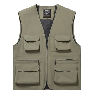 Men's olive green multi-pocket utility vest with mesh lining and V-neck zipper front