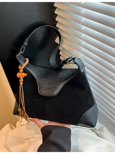 Retro black suede and leather patchwork crossbody hobo bag with wooden gourd tassel