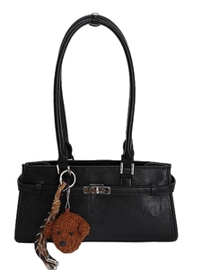Retro black leather shoulder bag with silver turn-lock and cute teddy dog charm