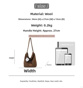 Size comparison of large brown wool tote bag with iPad, A4 paper and iPhone models