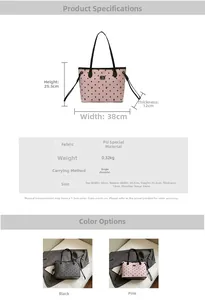 Detailed sizing chart and material specifications for polka dot pattern tote handbag