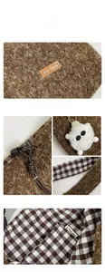 Detail of wool tote bag featuring teddy texture, logo patch and plaid lining with charm