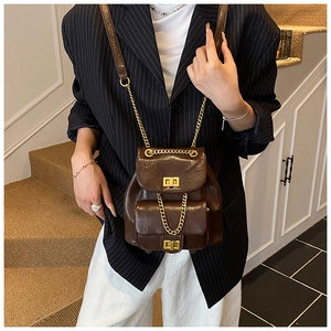 Detail eines braunen Vintage-Mini-Rucksacks mit goldenen Drehverschlüssen und Kettendetails