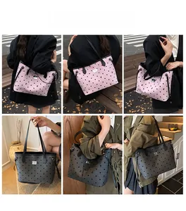 Polka dot tote bag collage showing various carrying styles and pink and grey color options