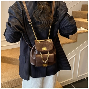Detail eines braunen Vintage-Rucksacks mit goldenen Kettenriemen und Metallverschlüssen