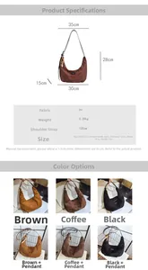 Detailed technical diagram showing dimensions and PU suede fabric of the large hobo bag