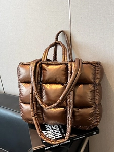 Women Quilted Puffer Tote Bag Large Capacity Glossy Oxford Cloth Shoulder Bag Lightweight Fashion Winter Handbag Underarm Bag