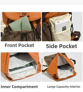 Detail view of water-resistant backpack showing front pocket, side pouch, and spacious interior