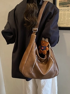 Vintage brown PU leather hobo bag with adjustable strap and cute bear charm pendant