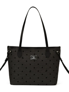 Deep grey herringbone tote bag with black polka dots and leather straps for commute