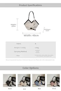 Detailed size chart and four-color comparison of the large fabric tote bag for women