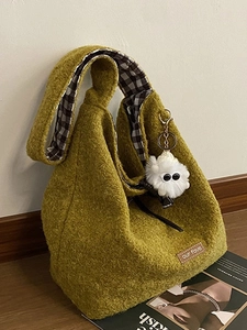 Women Large Capacity Woolen Tote Bag Autumn Winter Casual Shoulder Bag With Plush Monster Pendant And Checkered Lining