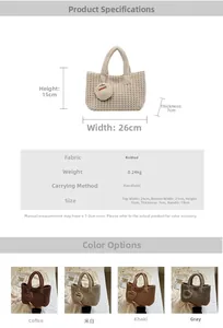 Tableau des tailles détaillé et dimensions du sac à main en tricot fait main avec pochette