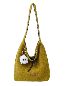 Mustard yellow oversized wool hobo tote bag with fleece texture and cute charm