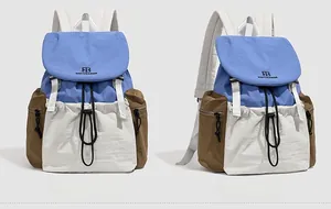 Detailed front and side views of water-resistant nylon patchwork backpack with side pockets