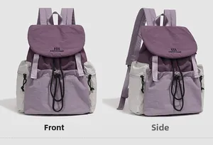 Front and side views of purple trekking backpack with drawstring pocket and flap closure
