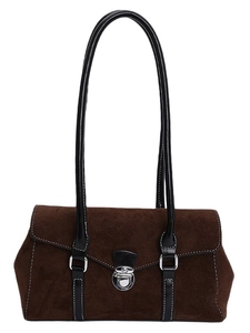 Retro dark brown suede shoulder bag with black leather straps and silver buckle
