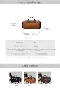 Detail showing high-quality PU leather travel bag dimensions and multi-color options