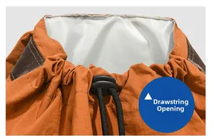Detail showing orange drawstring opening with black cord and secure plastic buckle toggle