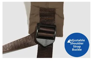 Close-up of adjustable shoulder strap buckle on dark coffee nylon outdoor backpack
