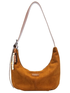 Brown suede hobo crossbody bag with tassel and fashion leather label on white background