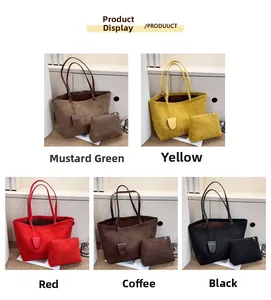 Detail showcasing five available colors for the large matte faux suede tote and pouch set