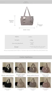 Detailed size chart and multi-color options for the large nylon tote bag with dimensions