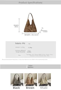 Detailed chart showing PU leather tote bag dimensions and specifications in three colors