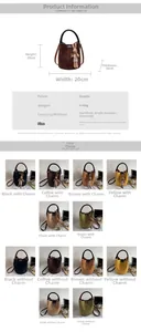 Size guide and color selection for the suede bucket bag with various style options
