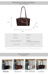 Detailed view of woven tote bag with size chart, long shoulder strap, and tassel pendant