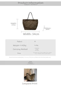 Detailed size chart for leopard print tote bag showing measurements and cloth material