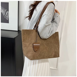 Brown matte suede tote bag with long shoulder straps and large capacity for women