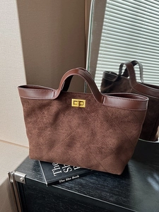 Vintage Large Capacity Suede PU Leather Women Tote Bag Rhombic Quilted Turn Lock Shoulder Handbag Casual Daily Commuter Bag