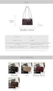 Detailed size chart for the PU shoulder bag showing dimensions of 26x15x8 cm and color options