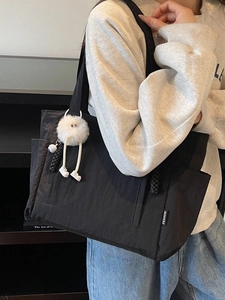 Large Capacity Nylon Tote Bag For Women Lightweight Minimalist Shoulder Bag With Monster Pendant Solid Color Travel Handbag