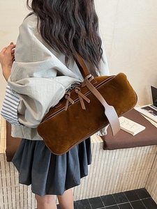 Vintage dark brown suede pillow bag for women minimalist french style shoulder underarm bag