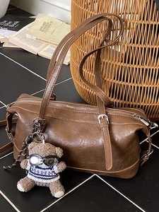 Borsa da Spalla Bowling in Pelle PU Vintage Per Donna Borsa Sottobraccio Con Ciondolo Orsetto Alla Moda Borsetta Casual Quotidiana