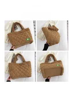 Detailed views of brown quilted corduroy tote bag with ruffled handles and diamond pattern